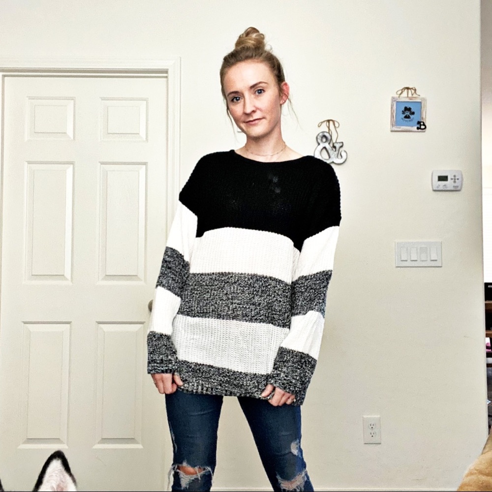 NEW Oversized Black, White, & Grey Striped Sweater